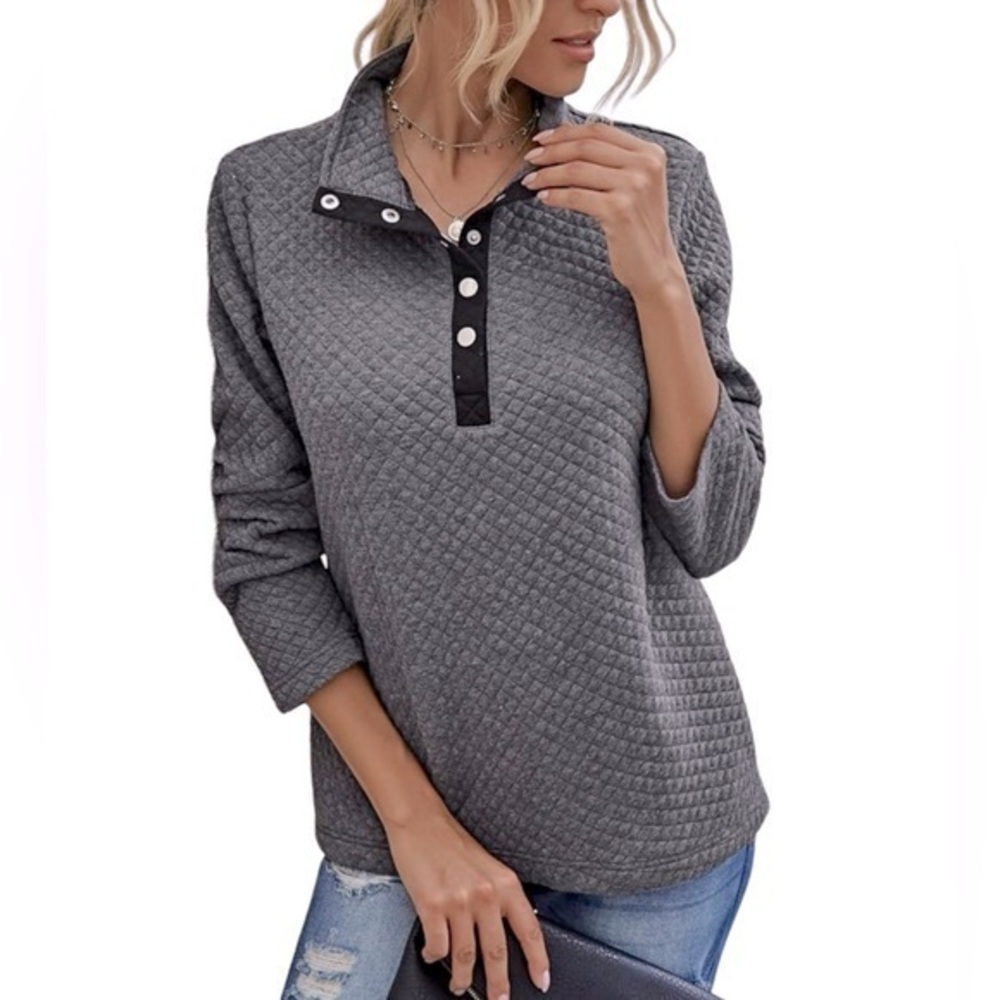Women’s Gray Quilted Snap Front Pullover Collared Sweatshirt Size Large Casual